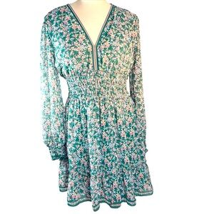 Max Studio Floral Long Sleeve Smocked Waist & Cuff Mini Dress Size S Gre…